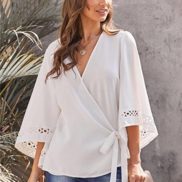 TRÏBE Bell Sleeve Wrap Style Draped Blouse Size Small NWT - Picture 2 of 6